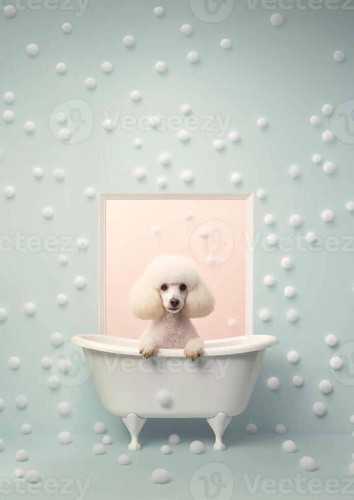 fofa poodle cachorro dentro uma pequeno banheira com Sabonete espuma e bolhas, fofa pastel cores, generativo ai. foto