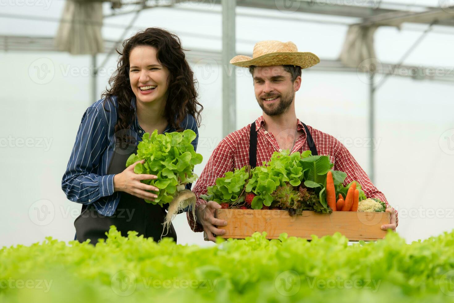 ambos pequeno o negócio os Proprietários ter orgânico vegetal jardins, elas colheita fresco legumes para entregar para consumidores. foto