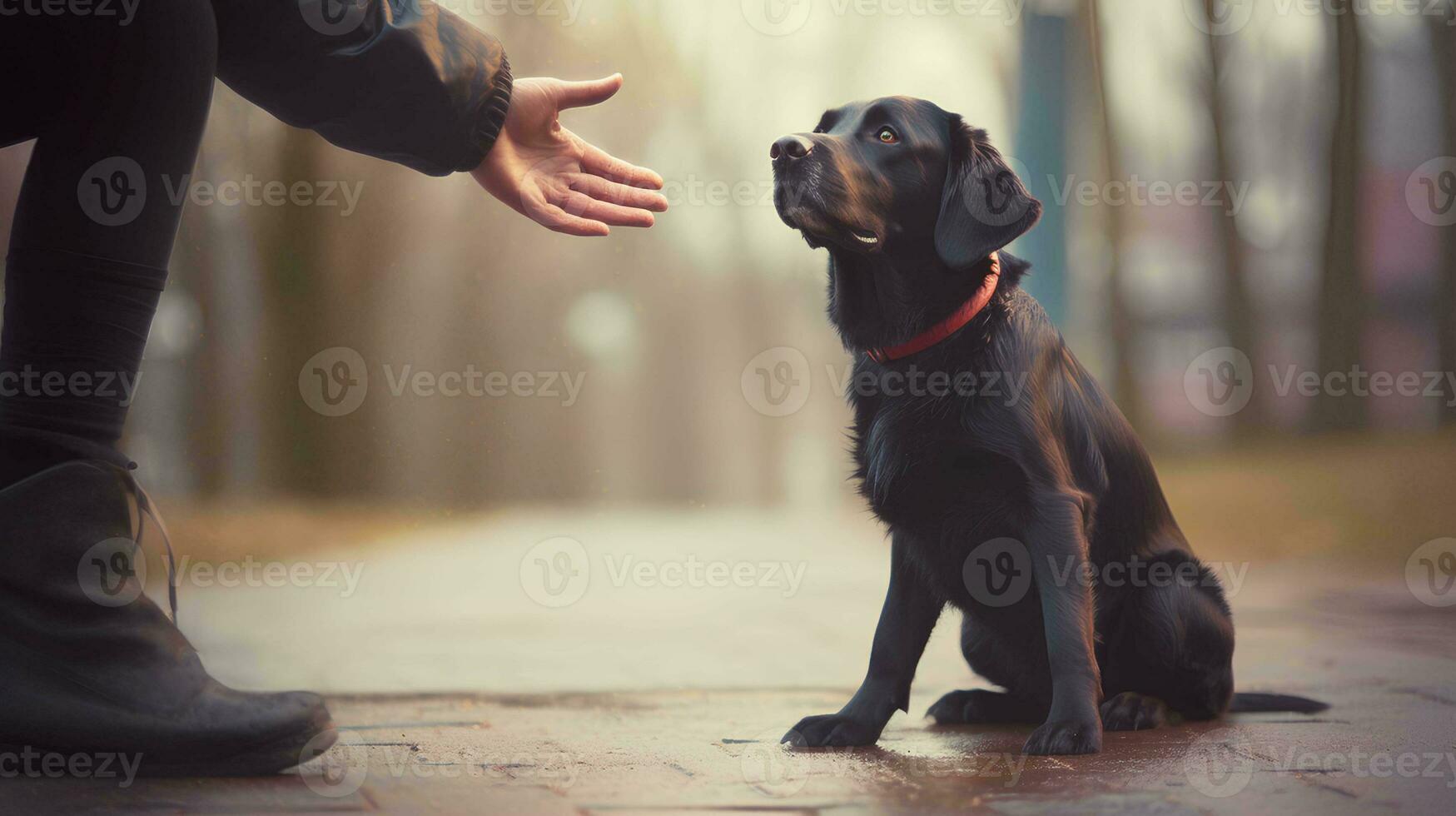 uma homem dá dele mão para uma cachorro em a rua. generativo ai. foto