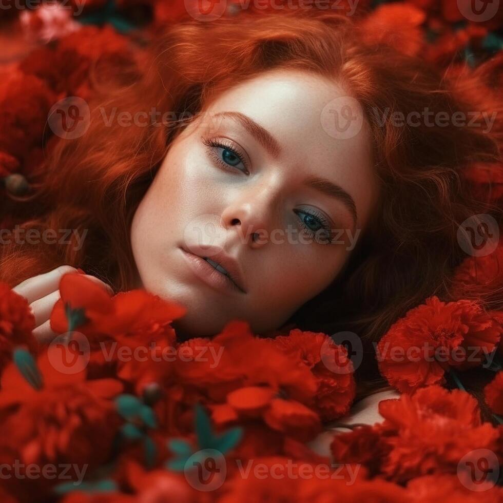 retrato do uma mulher deitado entre flores foto