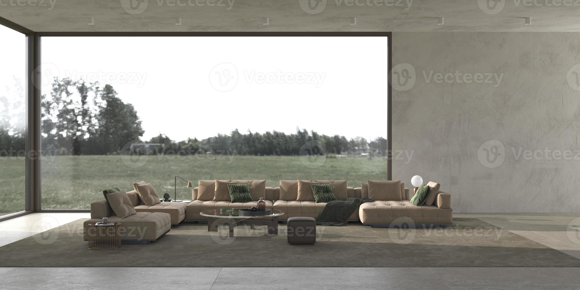 interior de sala de estar moderno e luxuoso e luminoso com simulação de parede de estuque e bela natureza com vista para a floresta. foto