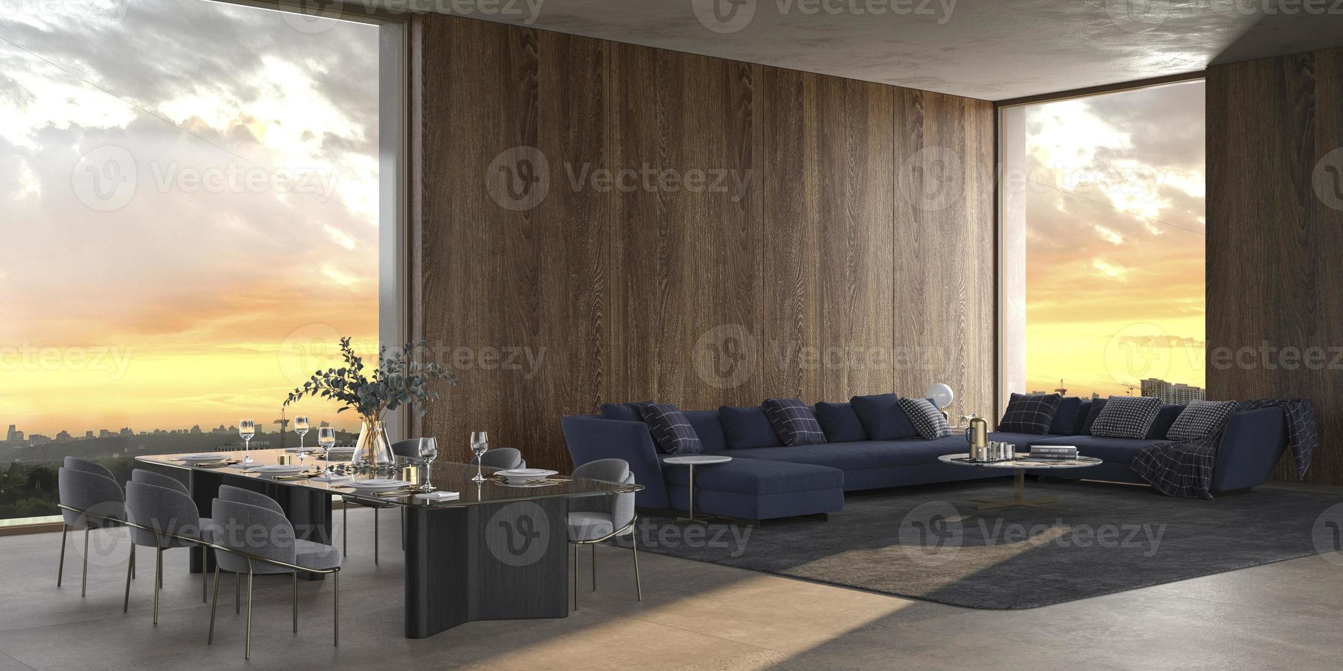 luxuosa sala de estar aberta com simulação de parede de madeira e grandes janelas com vista para o céu noturno 3d rendem a ilustração com cores brilhantes design de interiores foto