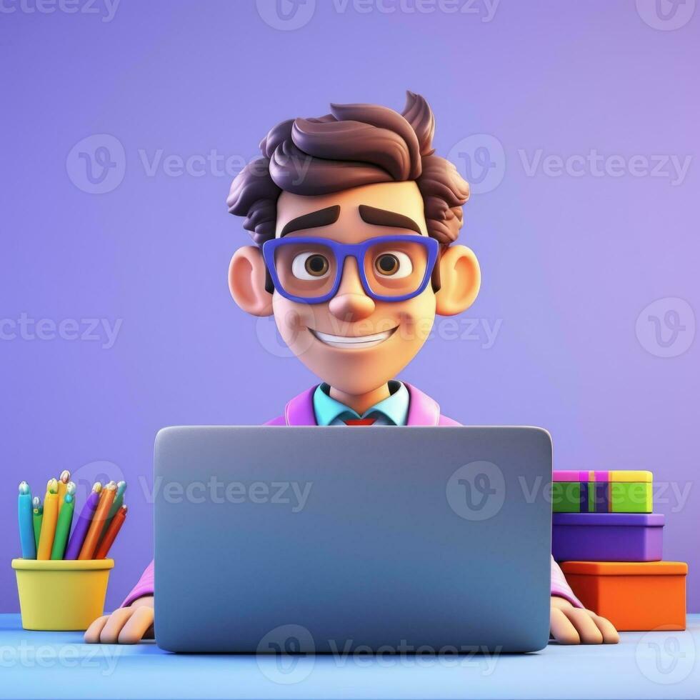 3d ilustração do homem de negocios com computador portátil, homem de negocios trabalhando dentro escritório desenho animado personagem. 3d Renderização. 3d ilustração. ai geração foto