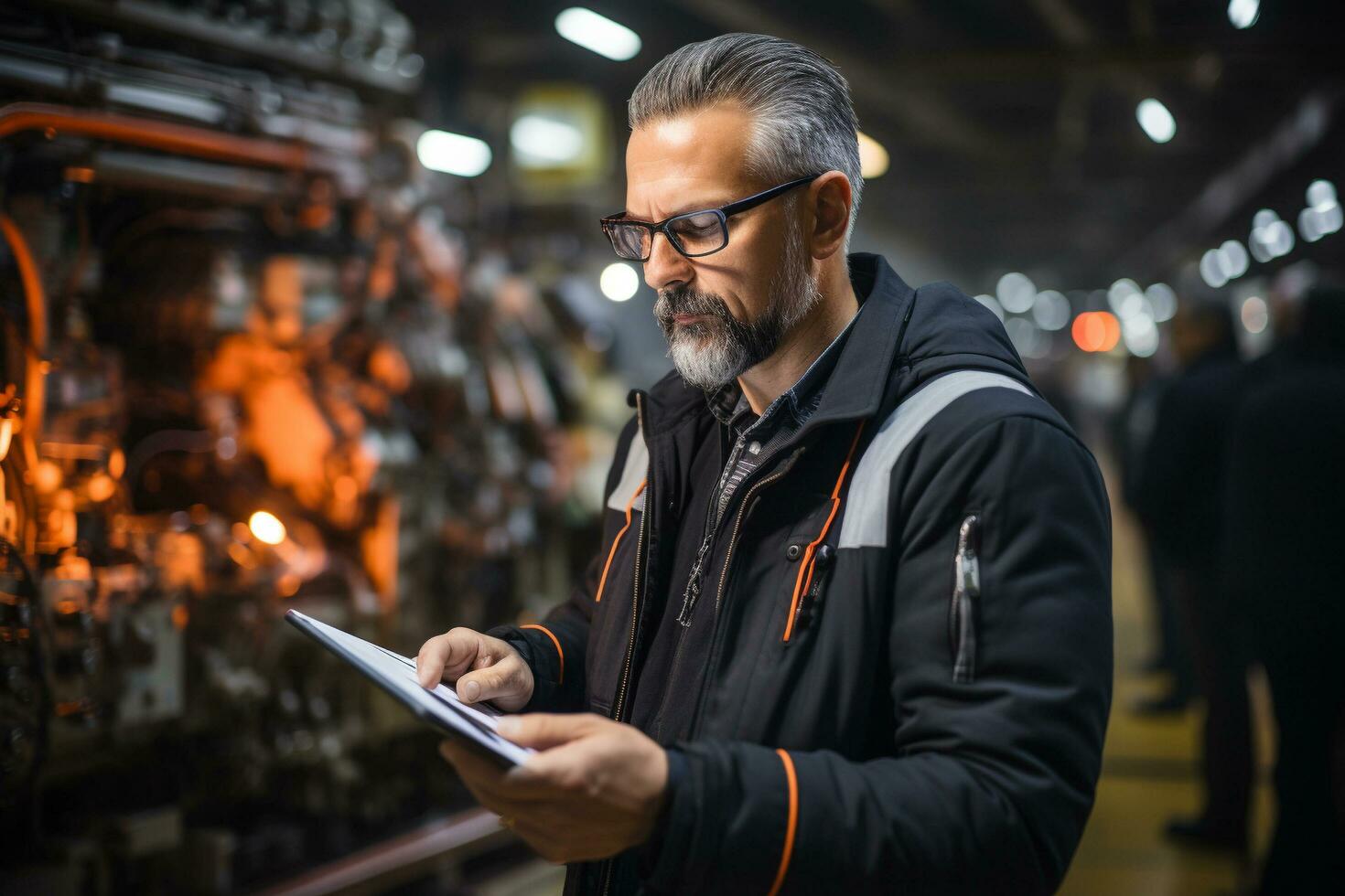 revolucionando a fábrica visionário industrial engenheiro utilizar uma tábua computador para imerso visualizar uma ponta 3d modelo do uma limpar \ limpo verde energia motor ai generativo foto