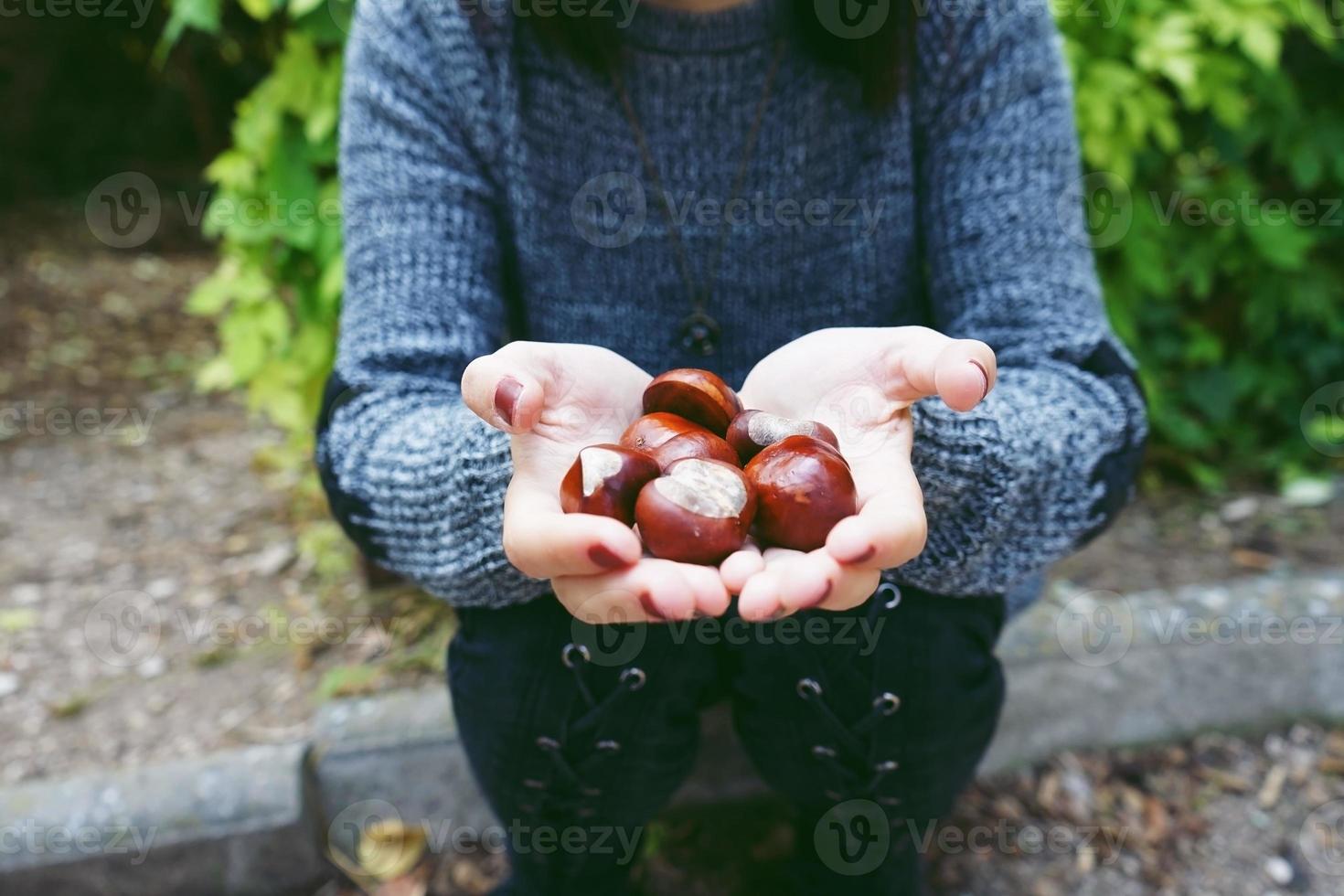 close-up de castanhas em uma jovem mulher caucasiana com as mãos enquanto está sentado no chão de um parque foto