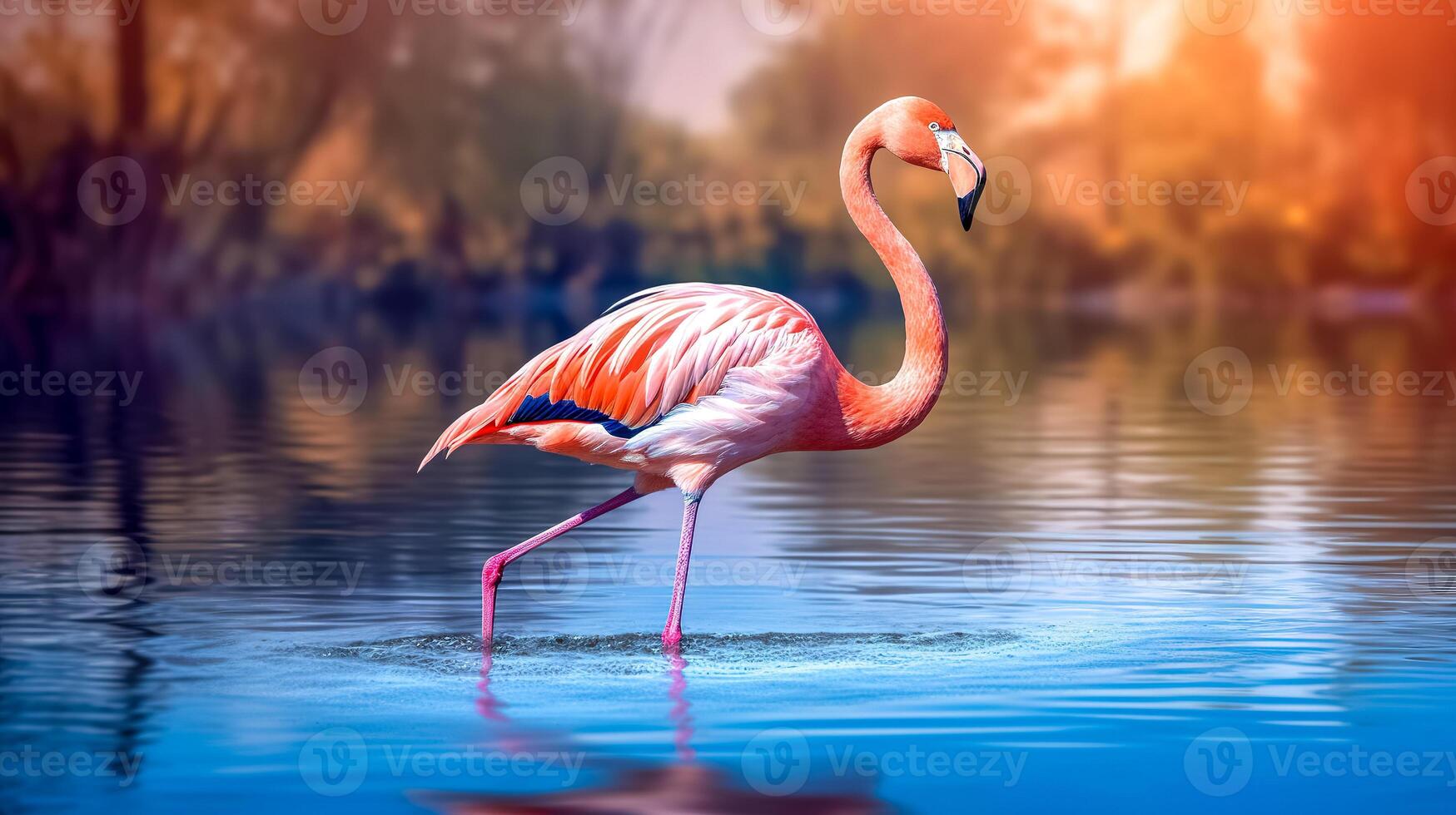 Rosa flamingo dentro a lago às pôr do sol, fez com generativo ai foto