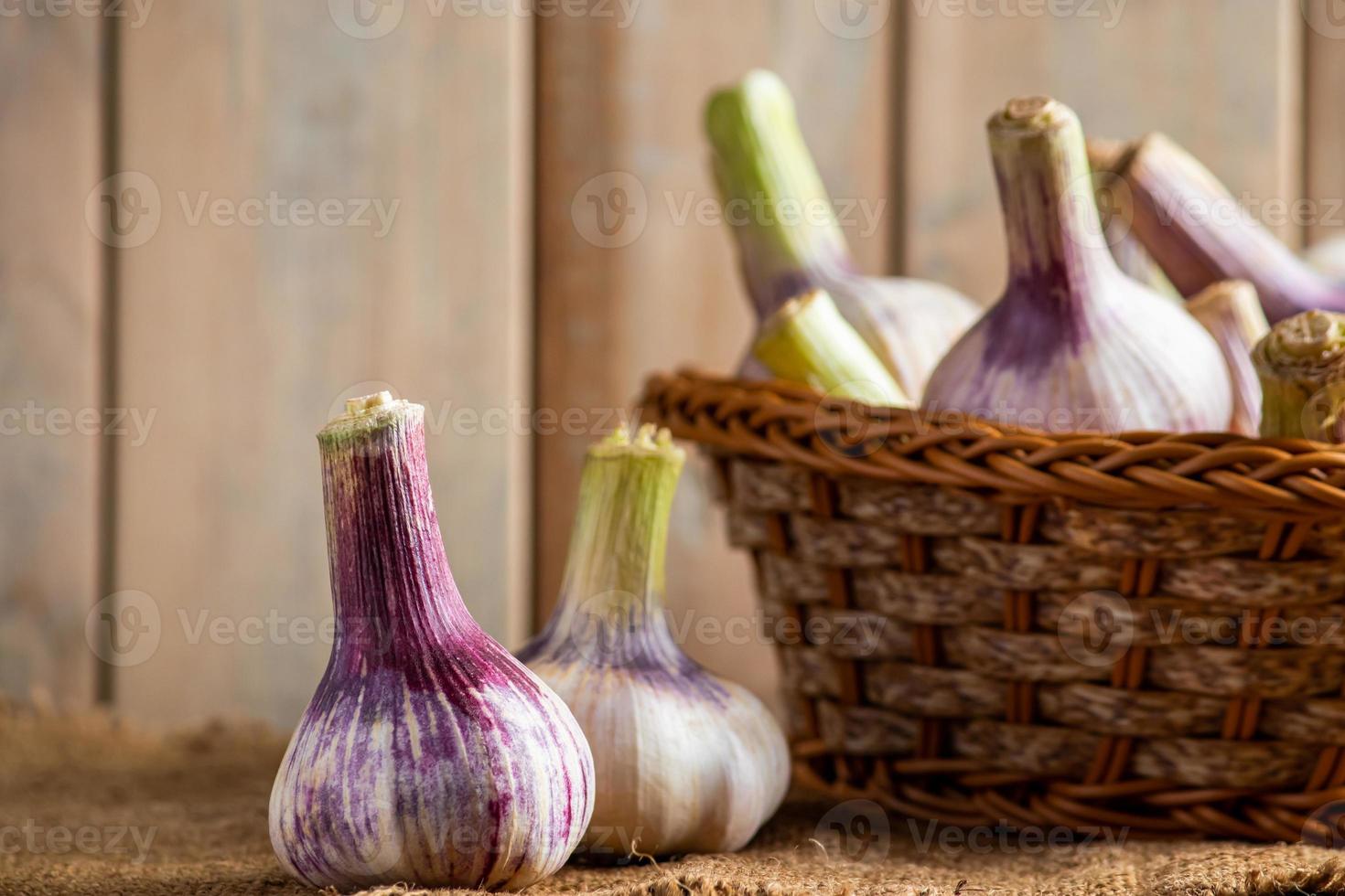 alho fresco em um fundo de madeira tempero perfumado para cozinhar foto