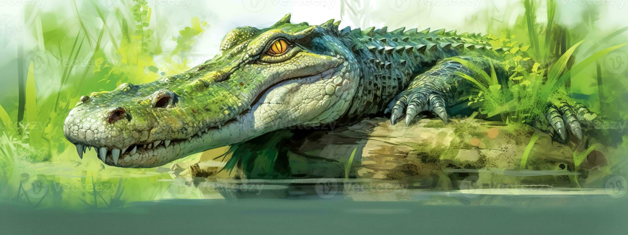 crocodilo, jacaré em a rio dentro a selva, bandeira, fez com generativo ai foto