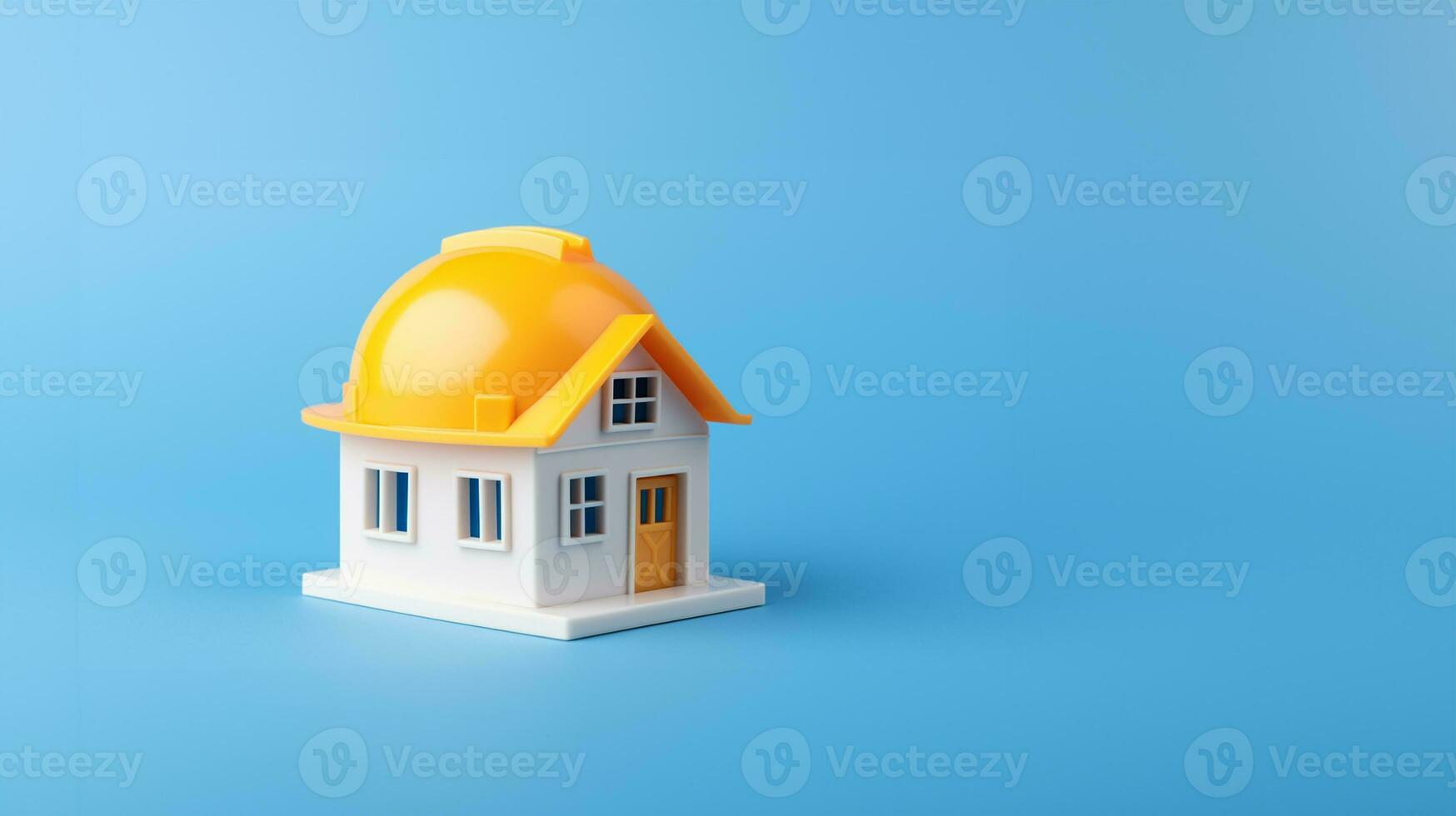 brinquedo casa com uma cobertura dentro a Formato do uma protetora capacete em uma azul fundo. ai gerado foto