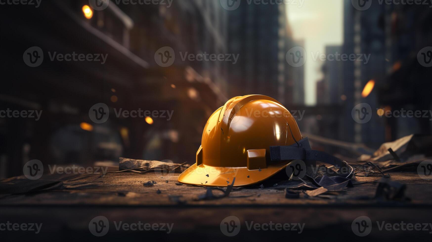 quebrado e sujo protetora capacete do uma construção trabalhador ou uma bombeiro. ai gerado foto