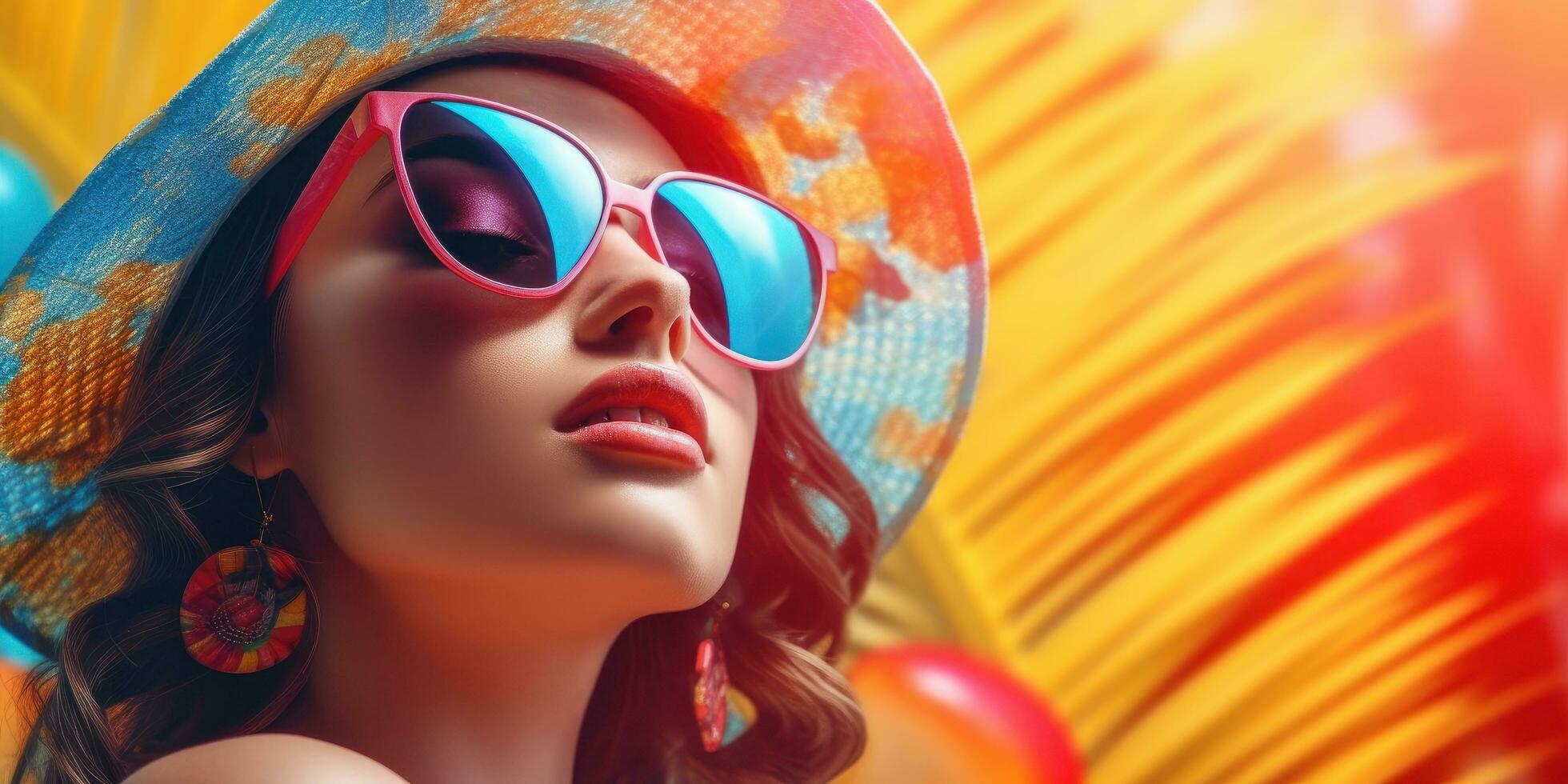 lindo jovem mulher com oculos de sol, verão festivo Tempo fundo. generativo ai foto