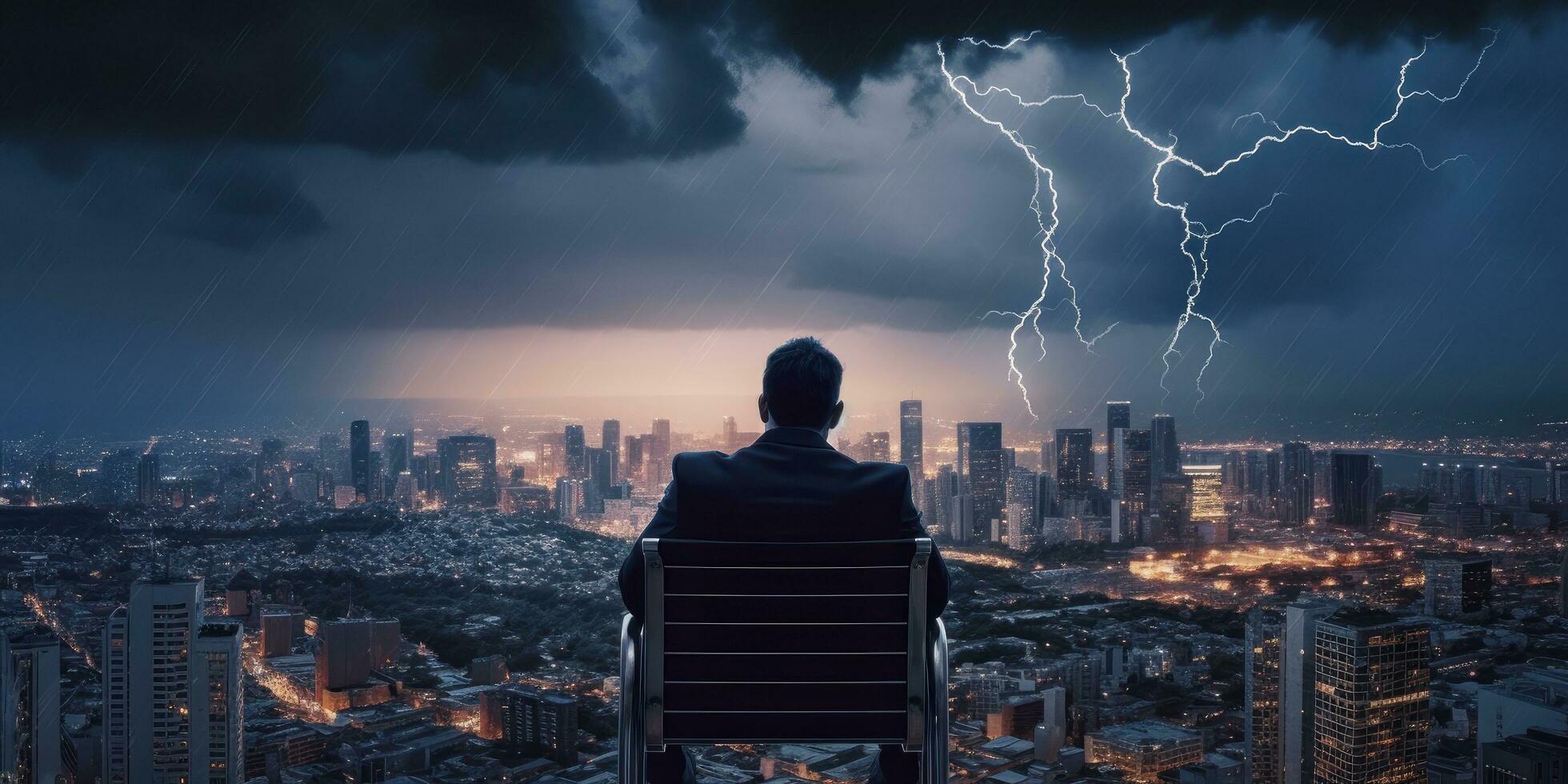 homem de negocios determinado para face qualquer desafio, paisagem urbana trovão tempestade fundo. generativo ai foto