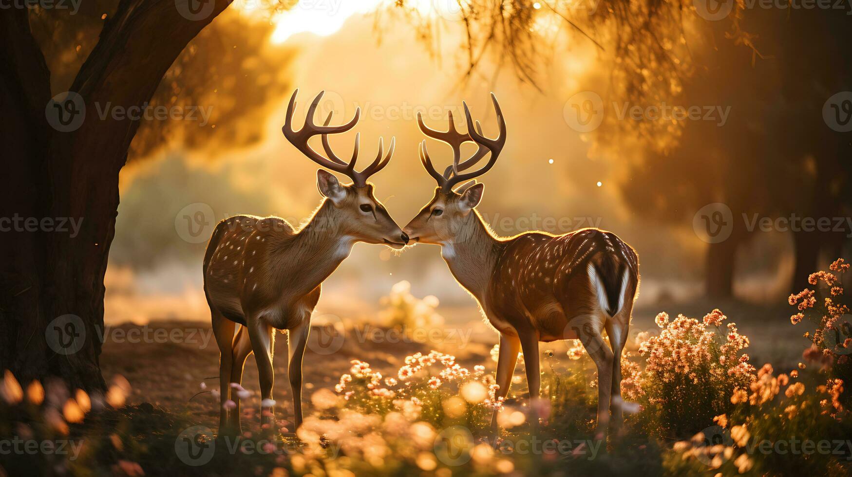 dois pousio veado com galhadas dentro a manhã luz animais selvagens cena a partir de natureza ai generativo foto