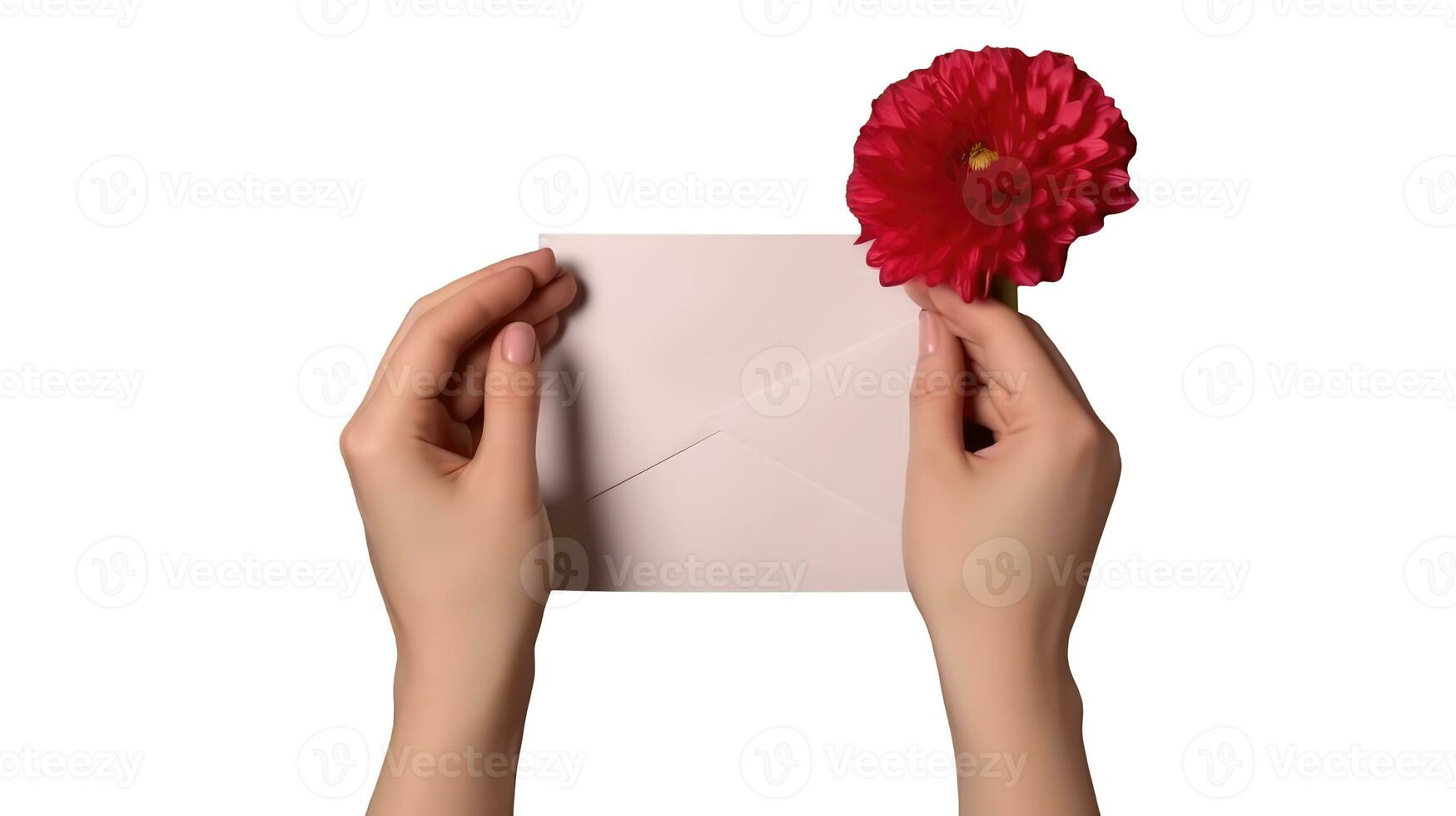 fotografia do fêmea mão segurando uma vermelho dália flor e envelope. foto