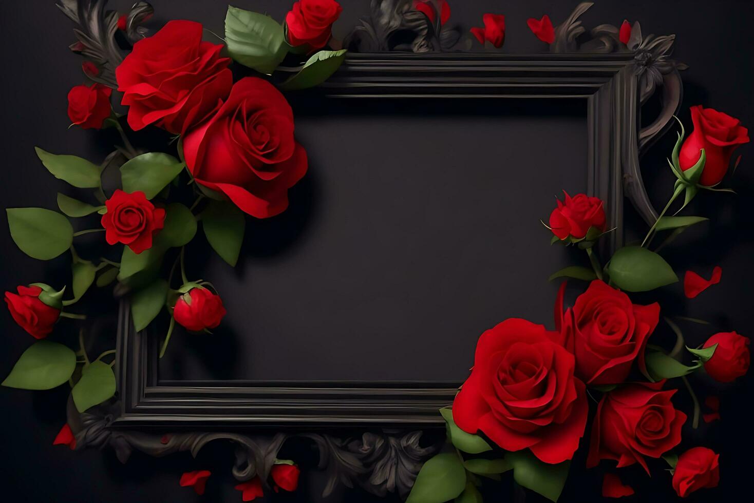 quadro, Armação com vermelho flor cópia de espaço vermelho rosas em Sombrio texturizado granja fundo. ramalhete do jardim flores, ai generativo foto