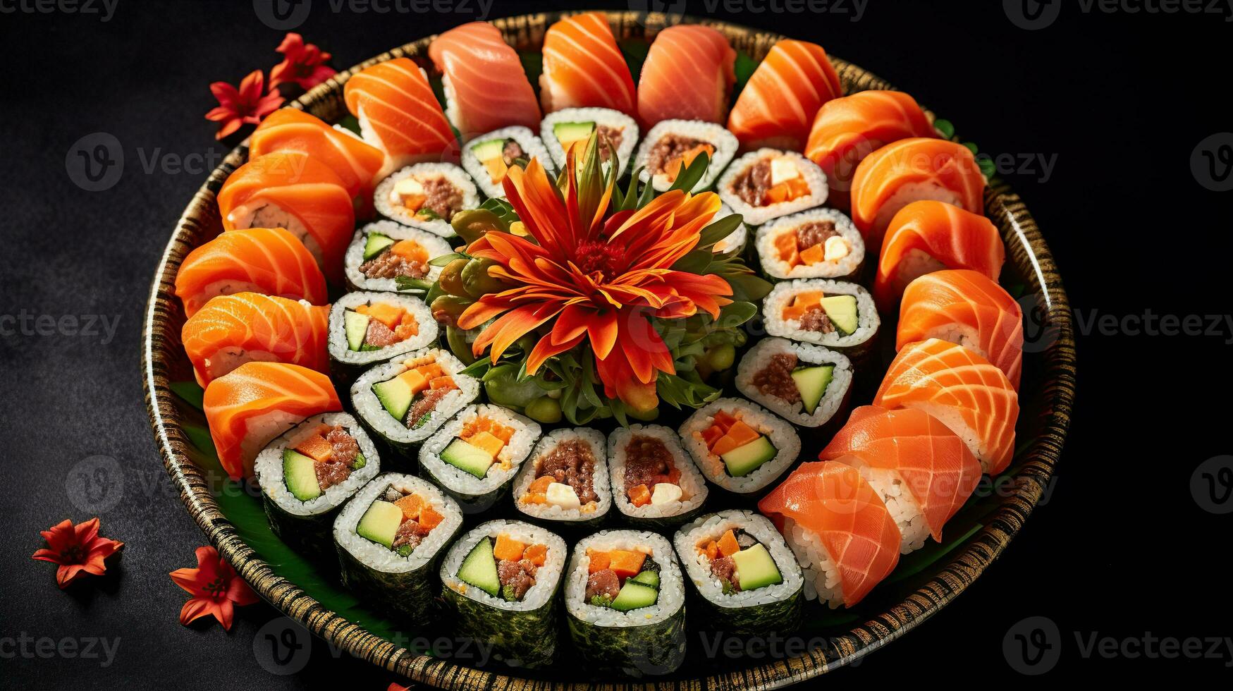 Sushi cardápio. lista com salmão, abacate, pepino. japonês Comida. criada com generativo ai foto