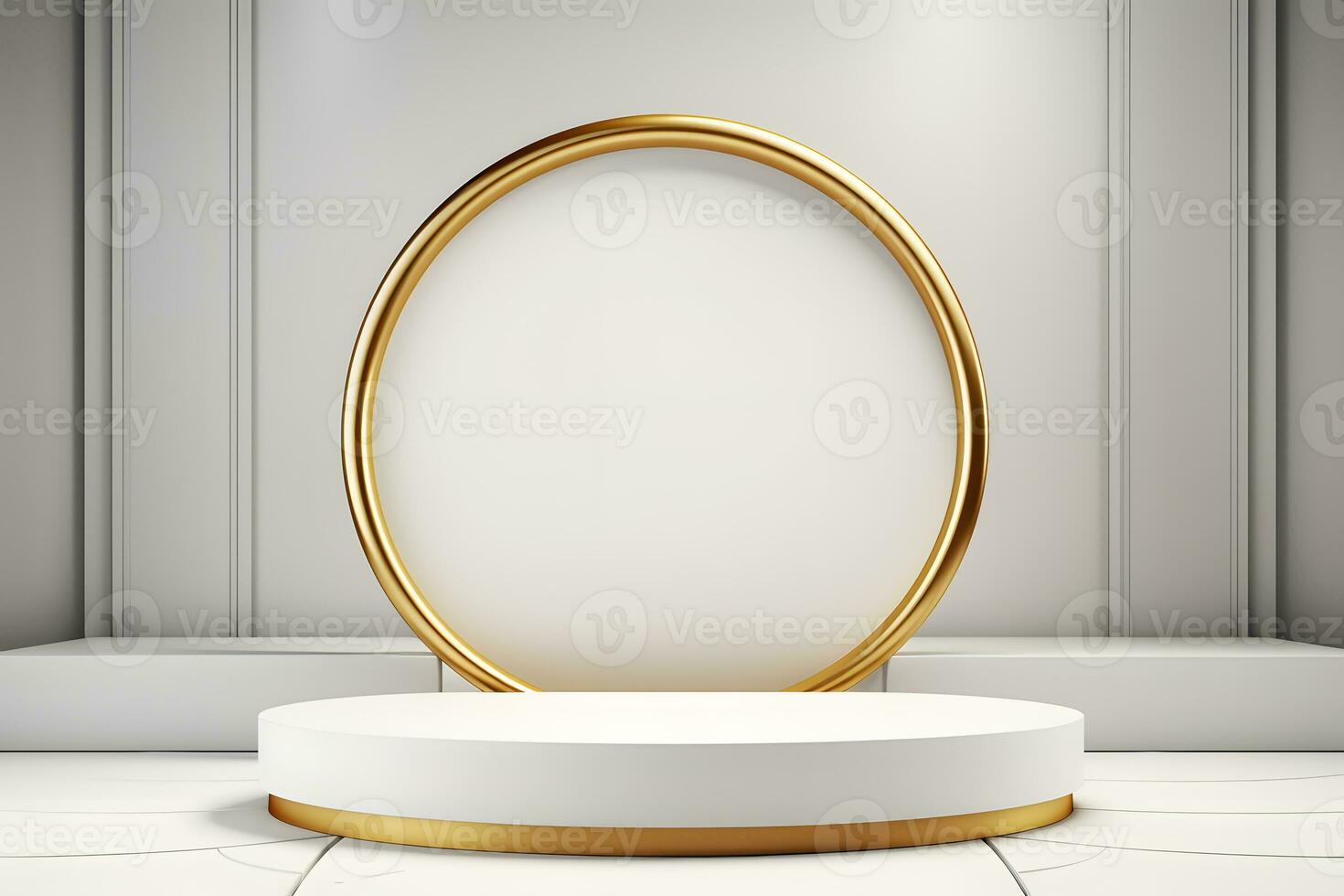 abstrato minimalista geométrico néon fundo, simples mostruário cena com branco hemisfério e dourado anel, ouro volta quadro, Armação e líquido chão com reflexão. pódio para produtos apresentação foto