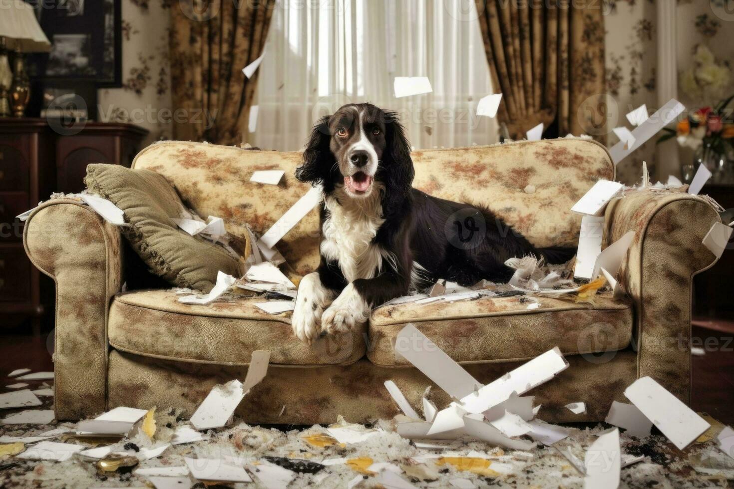 cachorro destruindo almofadas em sofá. danadinho brincalhão cachorro depois de morder uma travesseiro. generativo ai foto