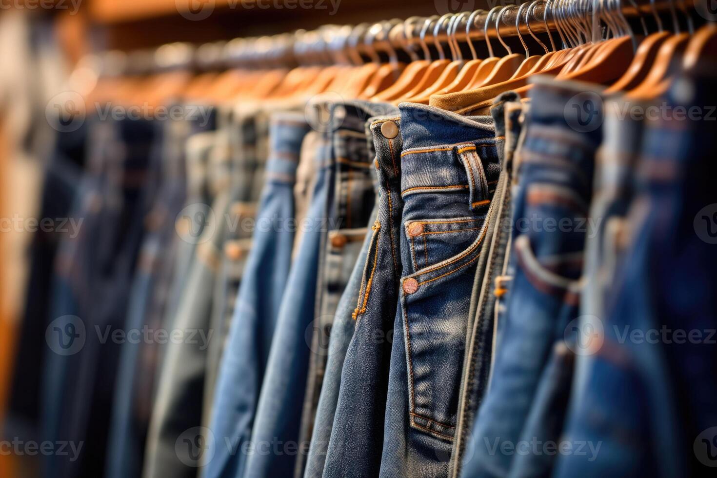 linha do jeans jeans suspensão dentro armário. jeans loja dentro uma compras Centro. jeans vendas. generativo ai foto