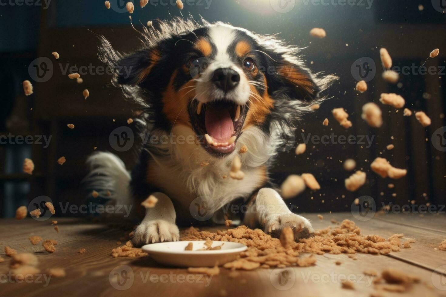 a cachorro come Comida a partir de uma tigela, Comida partículas mosca para dentro a ar. generativo ai foto