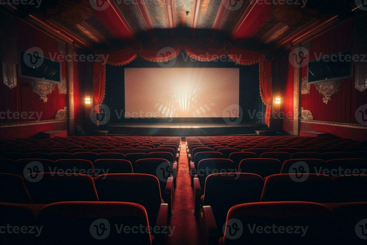 esvaziar moderno filme teatro interior com tela e assentos. generativo ai foto
