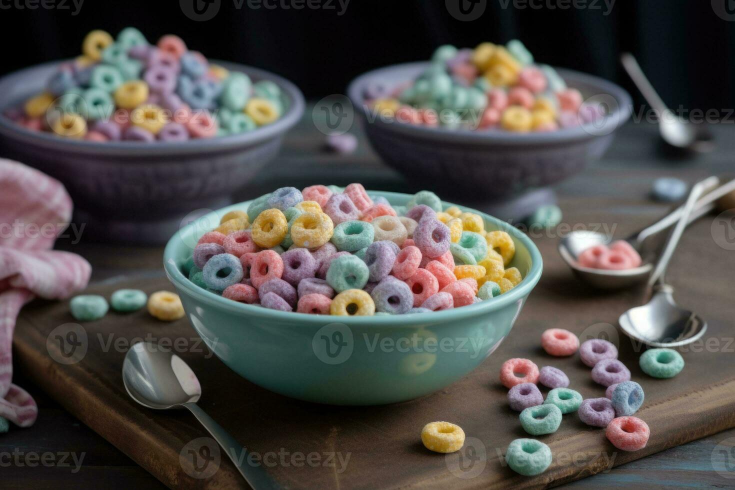 pastel colori froot rotações com pequeno colher. delicioso fruta cereal argolas. generativo ai foto