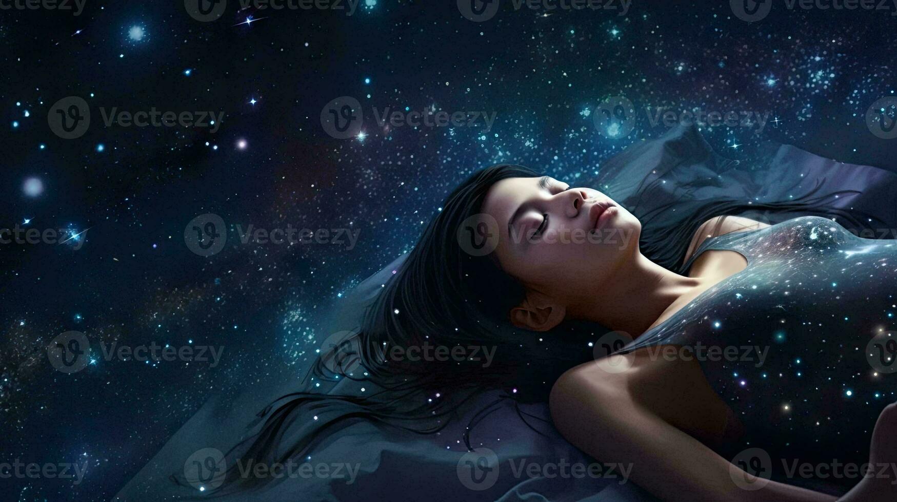 sonhando entre a estrelas 3d ilustração do uma jovem ásia mulher dormindo dentro profundo espaço. generativo ai foto