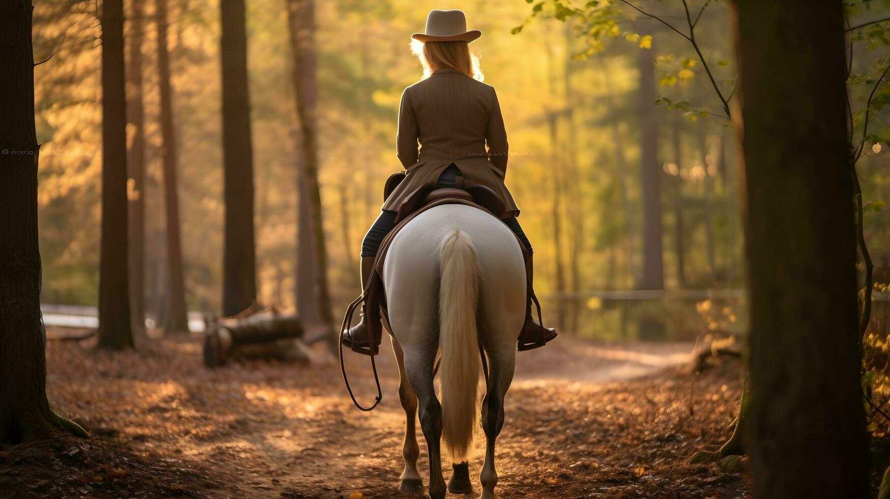 caucasiano mulher e cavalo Treinamento durante pôr do sol foto