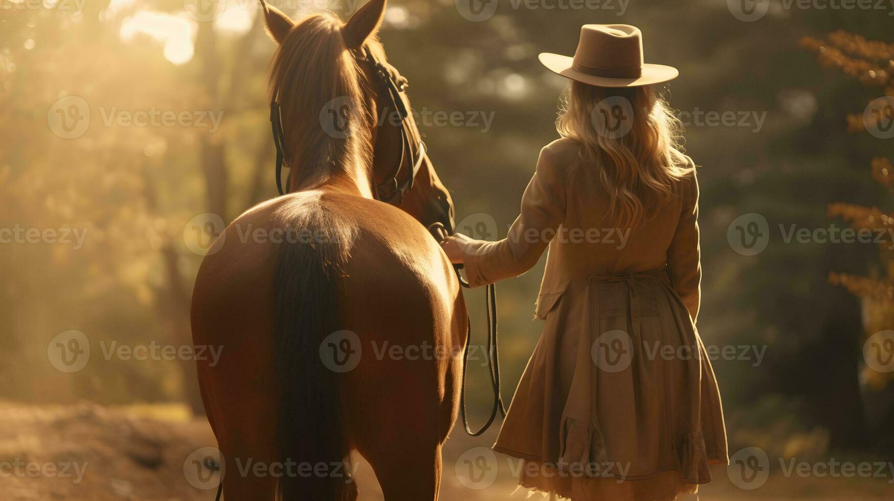 caucasiano mulher e cavalo Treinamento durante pôr do sol foto