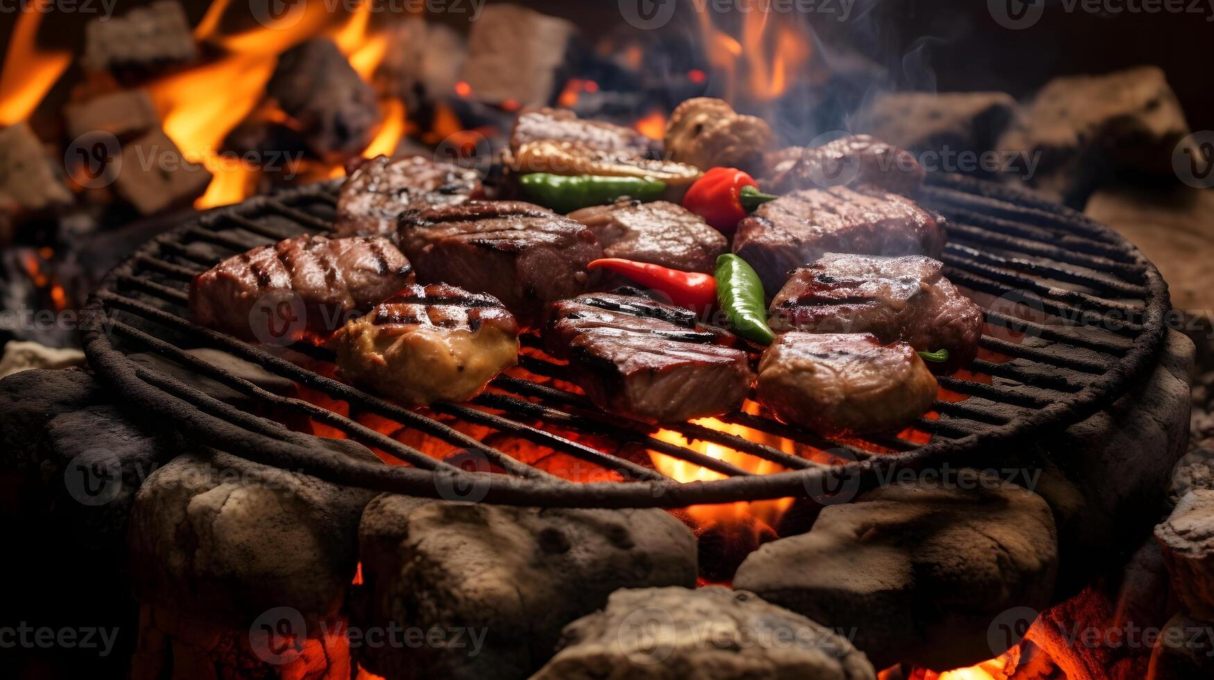 carne bifes e legumes em a grade com chamas. churrasco. foto