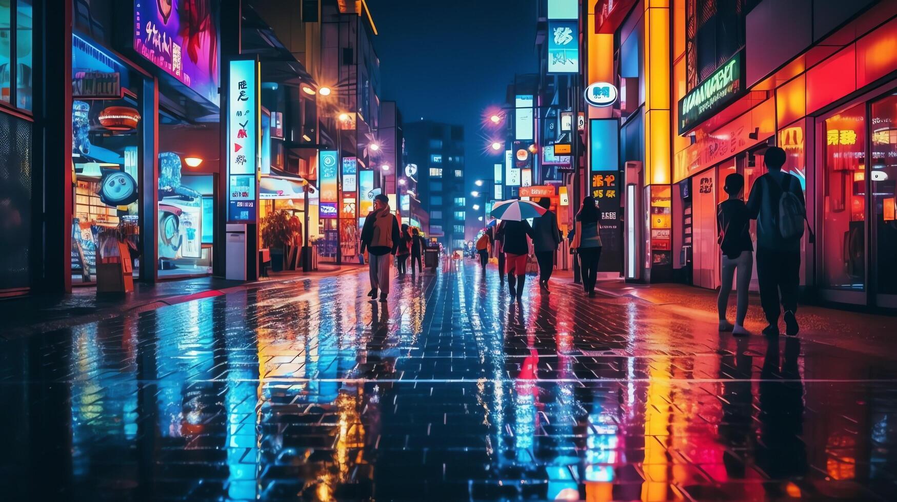 cyber punk noite cidade panorama conceito. luz brilhando em Sombrio cena. noite vida.além geração e futurista do ficção científica capital cidade e construção cena. ai gerado foto