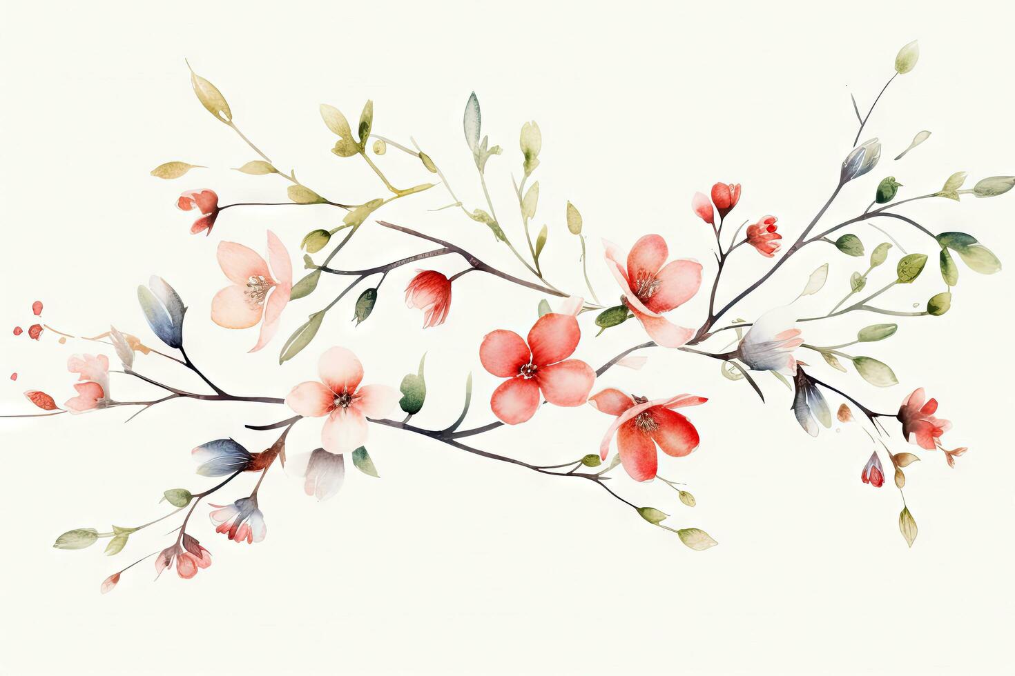 aguarela do tropical Primavera floral verde folhas e flores elementos isolado em branco fundo, buquês cumprimento ou Casamento cartão decoração, com generativo ai. foto