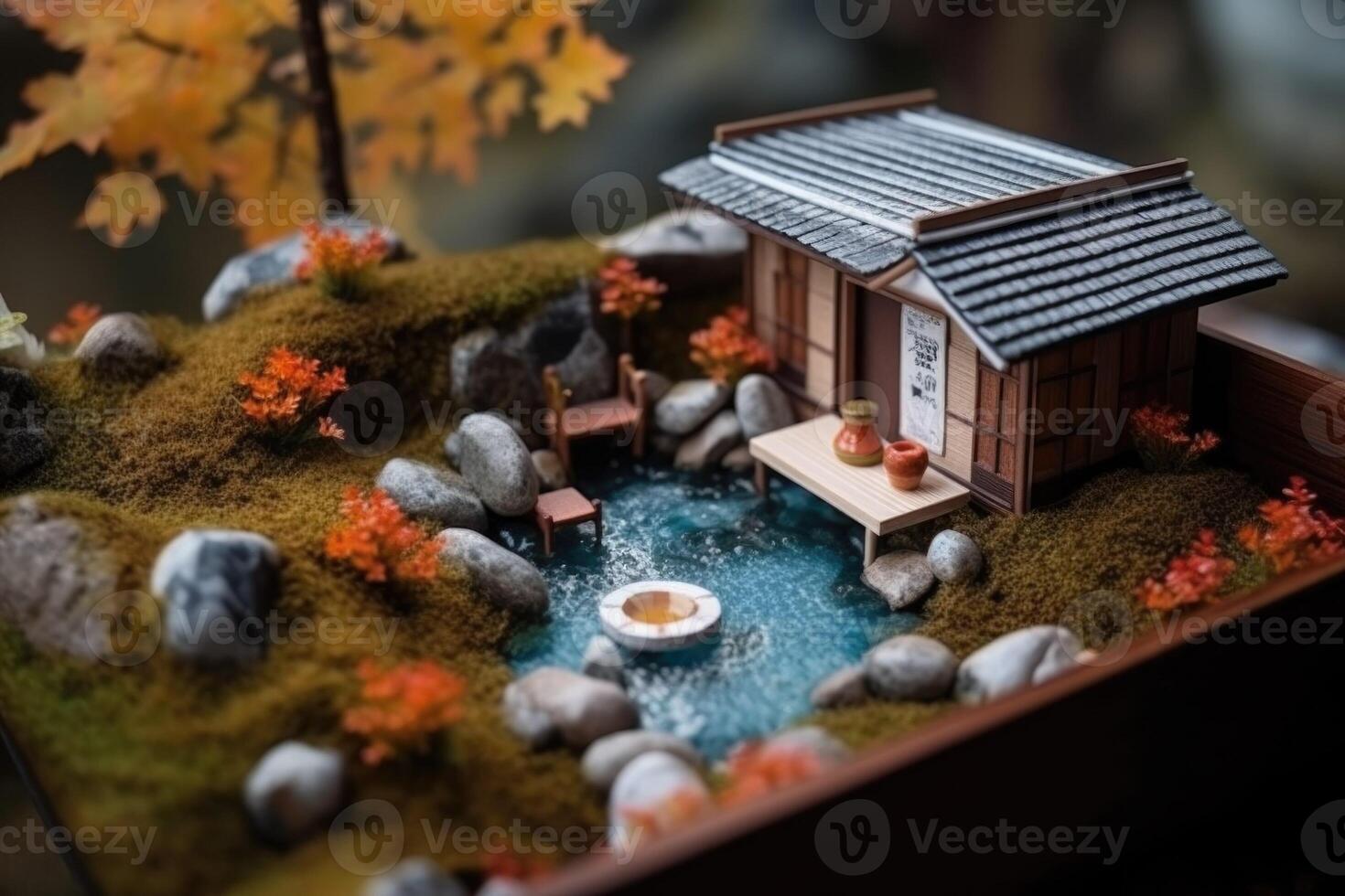 diorama do japonês jardim. quente primavera, brinquedo feriado lar. miniatura do japonês recorrer criada com generativo ai tecnologia foto