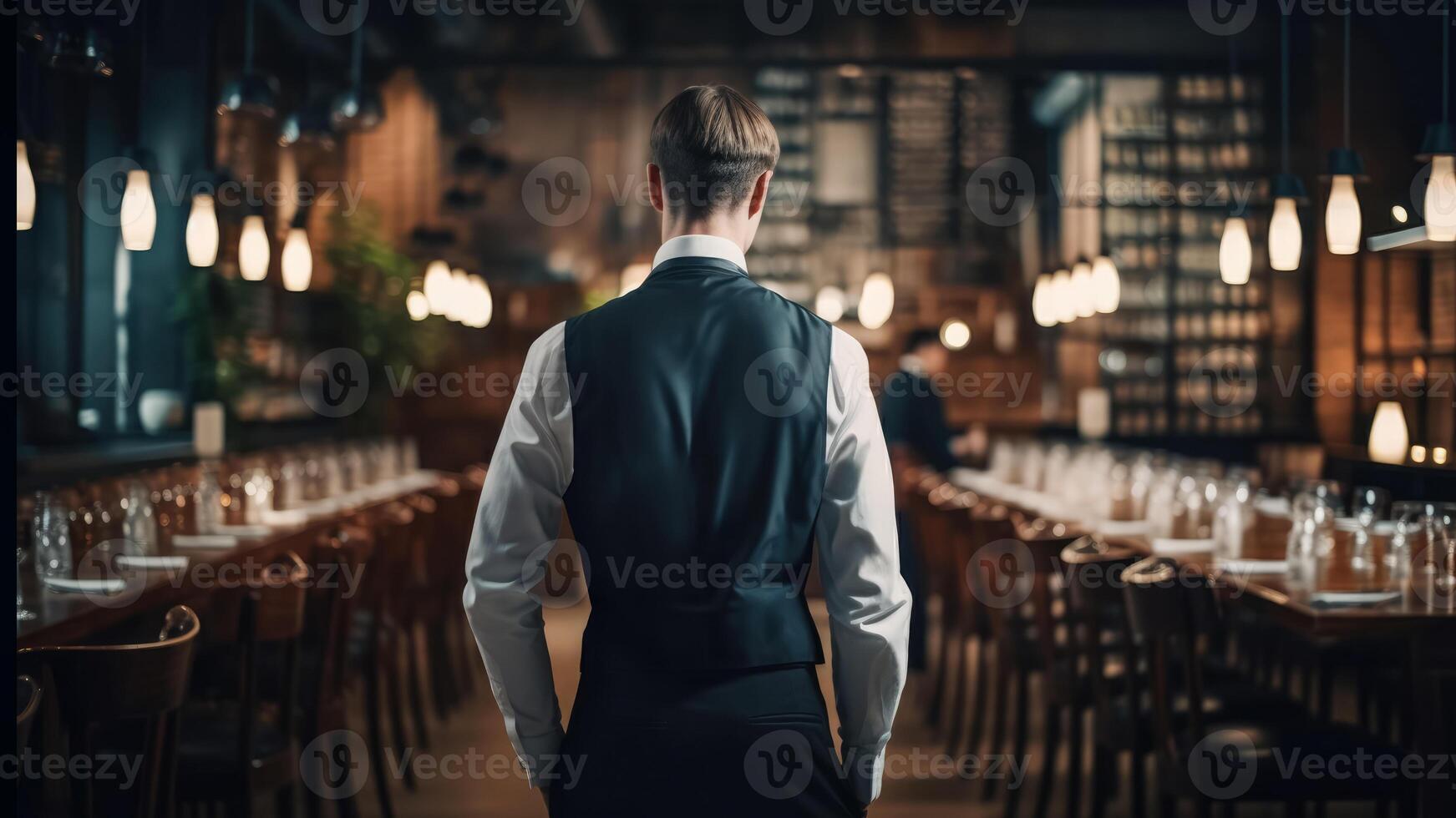 traseiro Visão do garçom em pé dentro restaurante. generativo ai foto