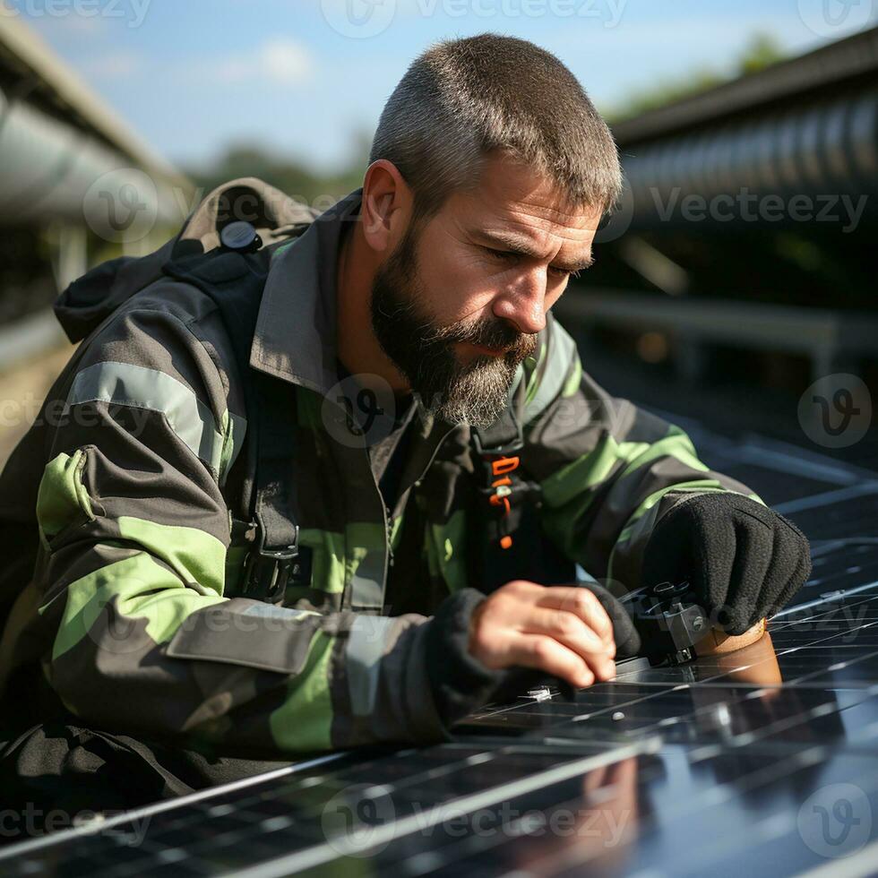 solar energia engenheiro reparar e Verifica solar painéis poder estação. conceito ecologia proteção, ai geração. foto