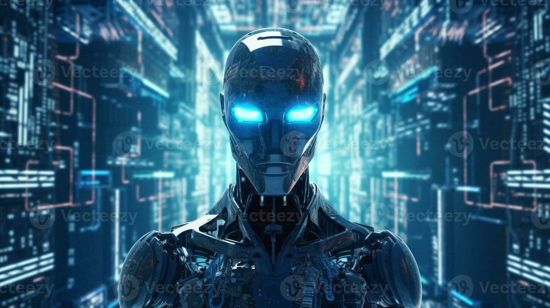 futurista robô com azul luz brilhando óculos e Oi tecnologia movimento borrado fundo. robótico máquina Aprendendo conceito. generativo ai foto