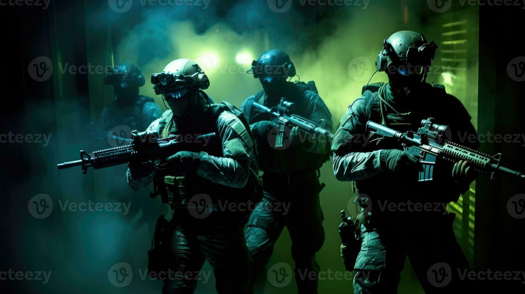 uma militares especial forças equipe infiltrando uma alta seguranca instalação, usando noite visão óculos e suprimido armas de fogo foto