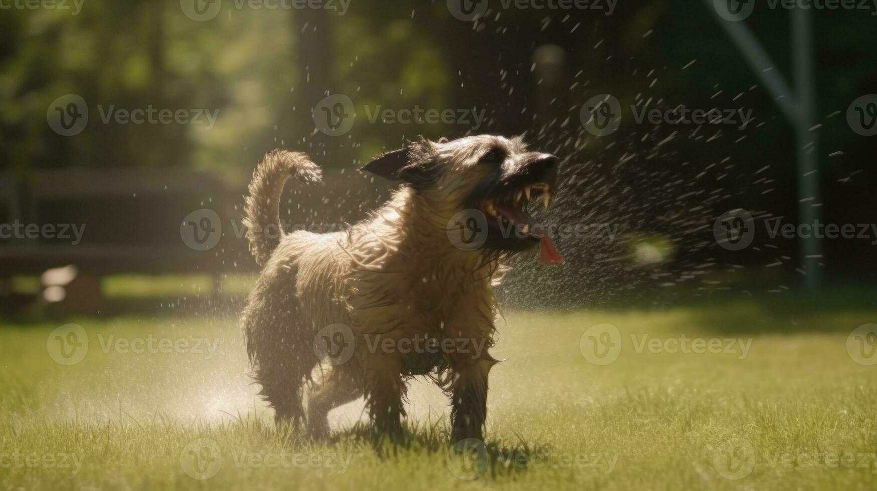 uma cachorro alegremente corrida através uma aspersor em uma quente verão dia foto