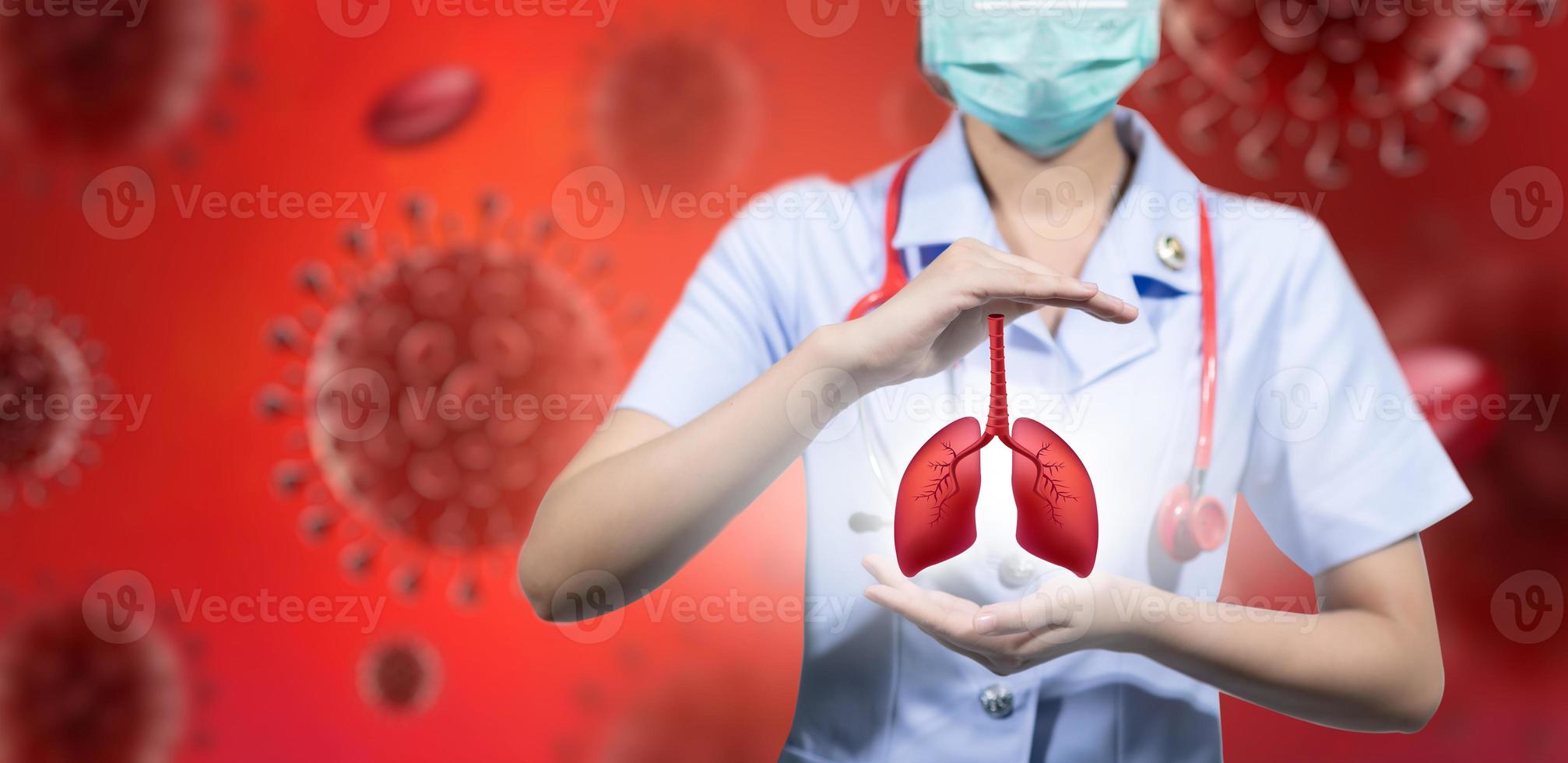 o médico levantou a mão, o pulmão e o vírus corona em sua mão esquerda e direita. foto