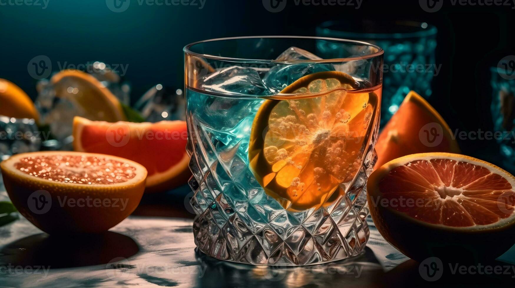 uma vidro do gelo Gin ou tônico com uma fatia do laranja fruta, alguns cortar do laranja fruta, álcool conceito. ai gerado foto