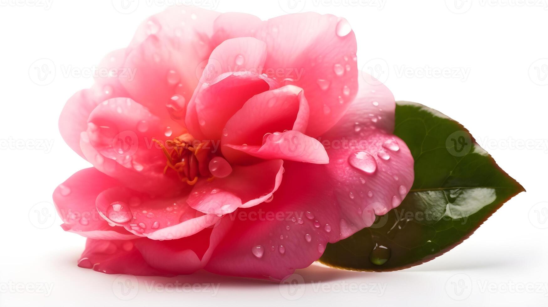 lindo fechar acima Rosa japonês camelia flor com alguns folhas e alguns água gotas parece fresco deitado em branco estúdio tiro fundo. ai gerado foto