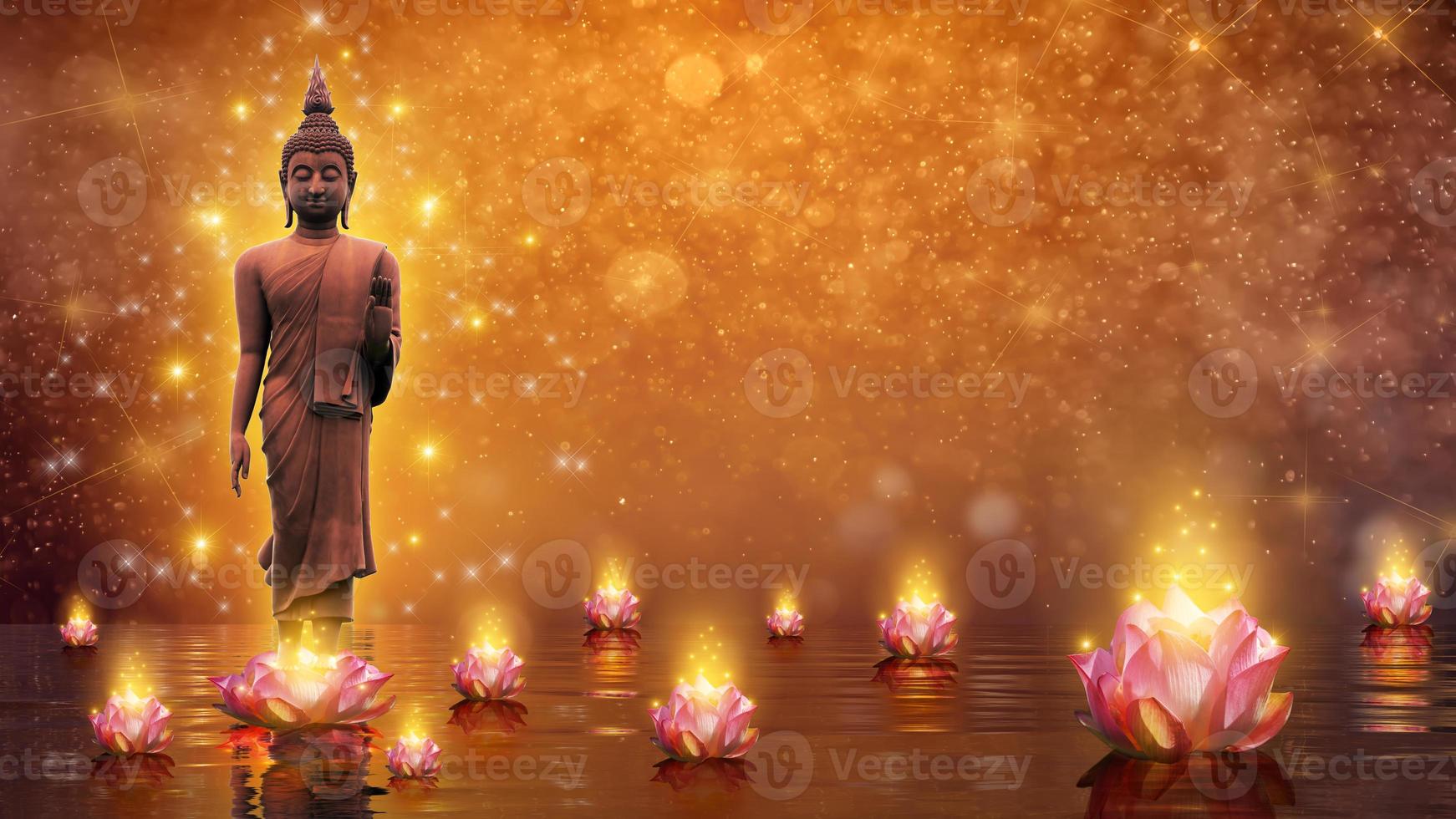 estátua de Buda água lótus Buda em pé sobre flor de lótus em fundo laranja foto