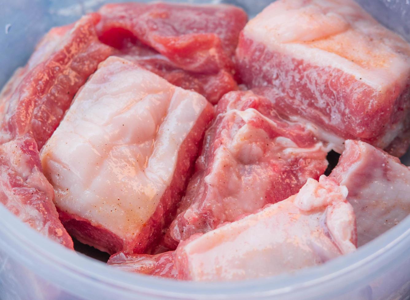 costelinha de porco cortada em pedaços, grelhada na grelha no fogão de piquenique. foto