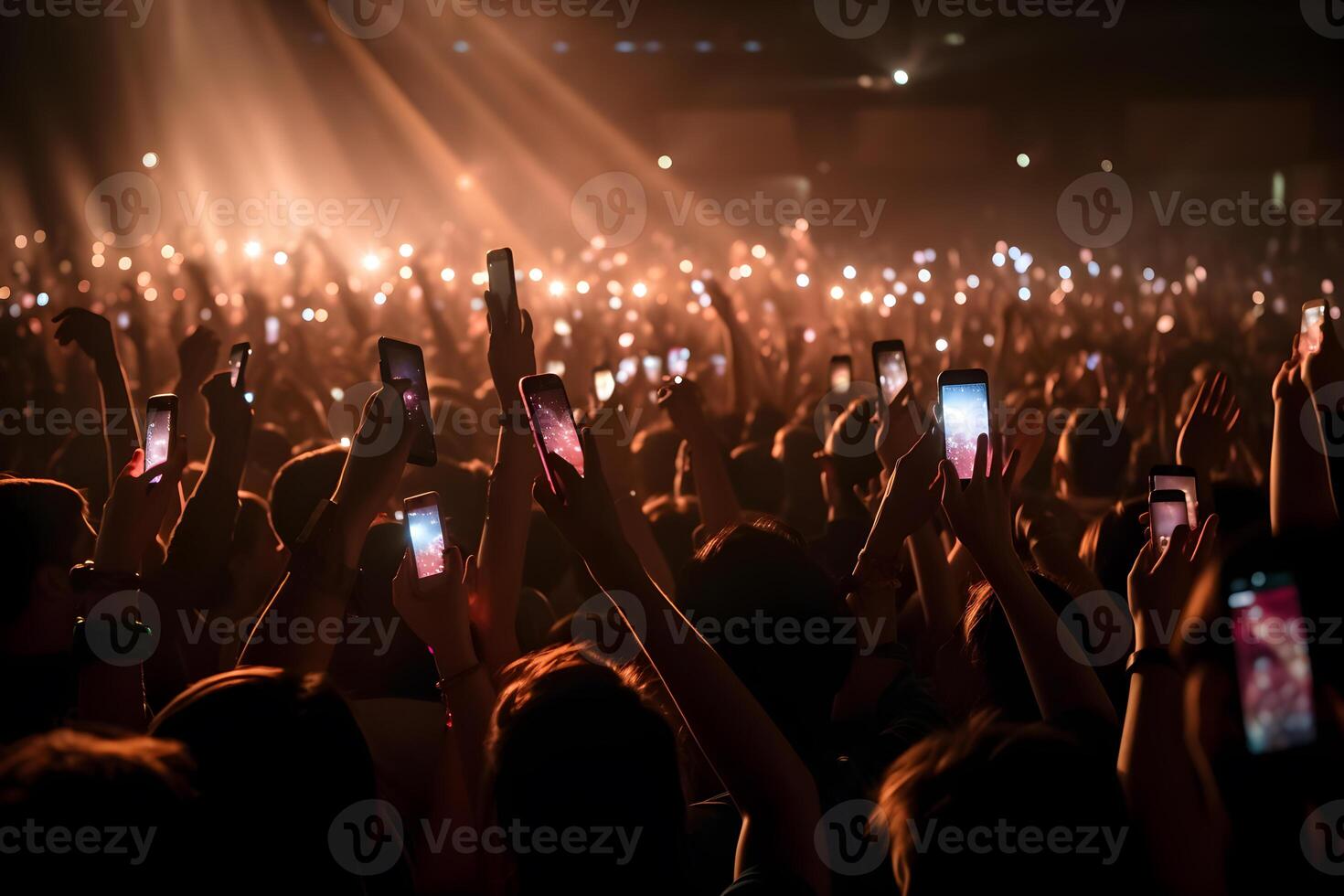 uma multidão do pessoas às uma viver evento, show ou festa segurando mãos e smartphones acima , generativo ai foto