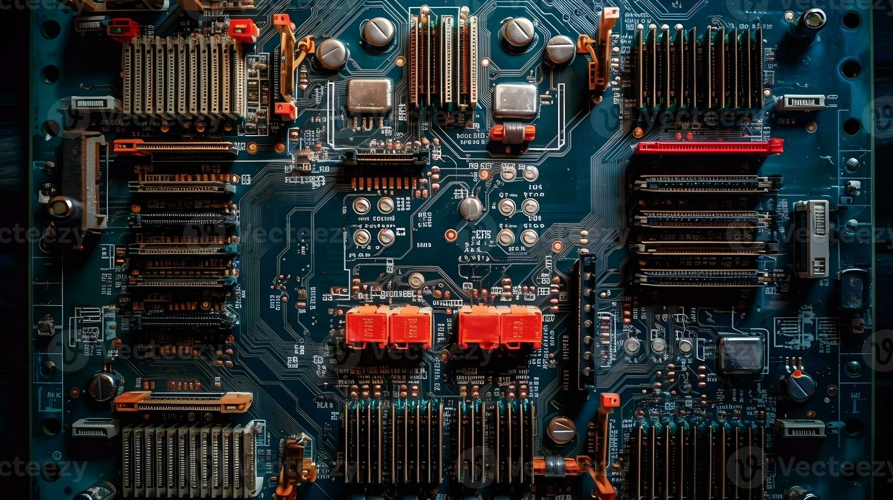 uma computador o circuito borda com vermelho e azul luzes , generativo ai foto