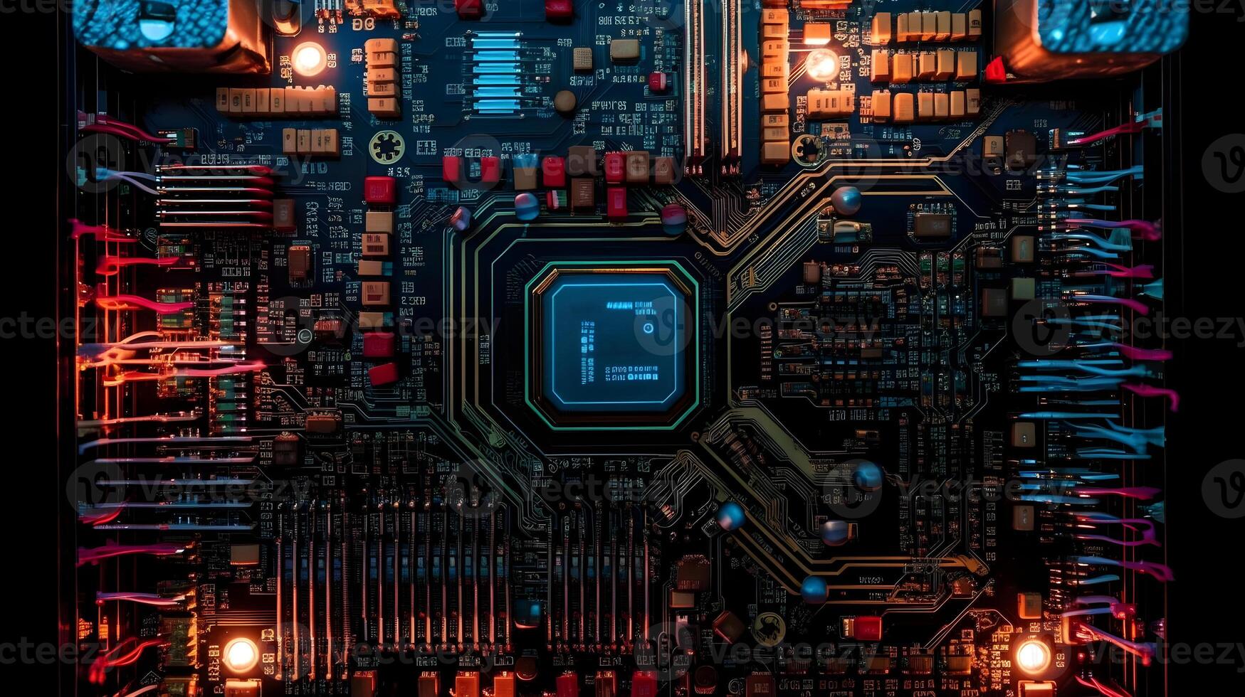 uma computador o circuito borda com vermelho e azul luzes , generativo ai foto