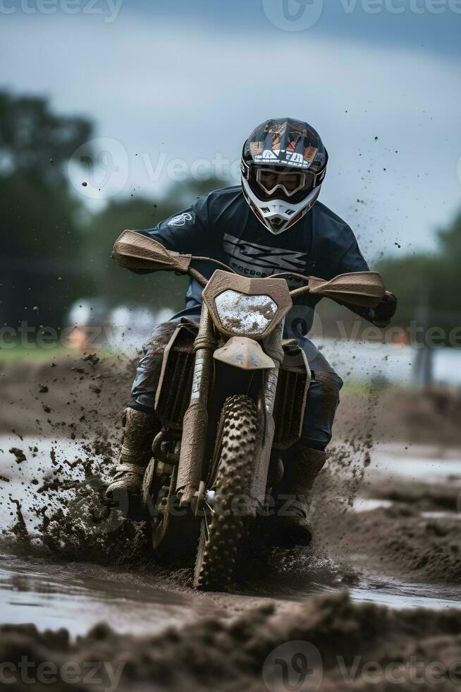 motocross raça dentro turvar sujeira arena , generativo ai foto