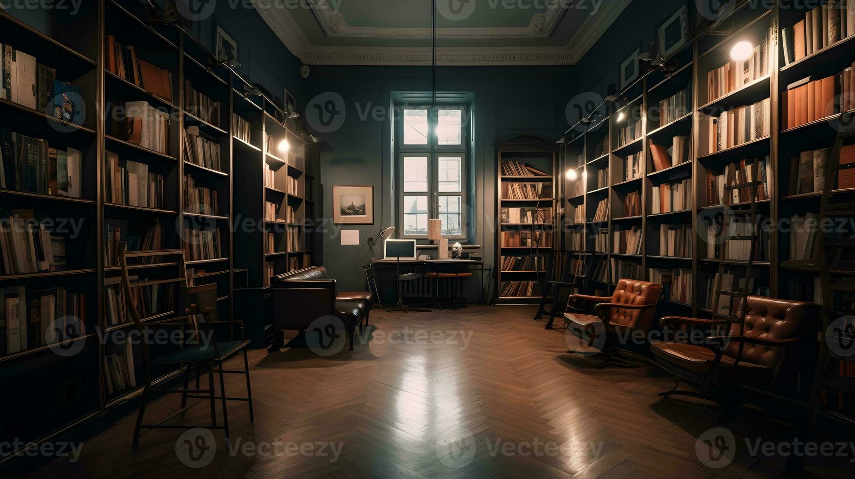 velho biblioteca interior com livros em prateleiras , generativo ai foto