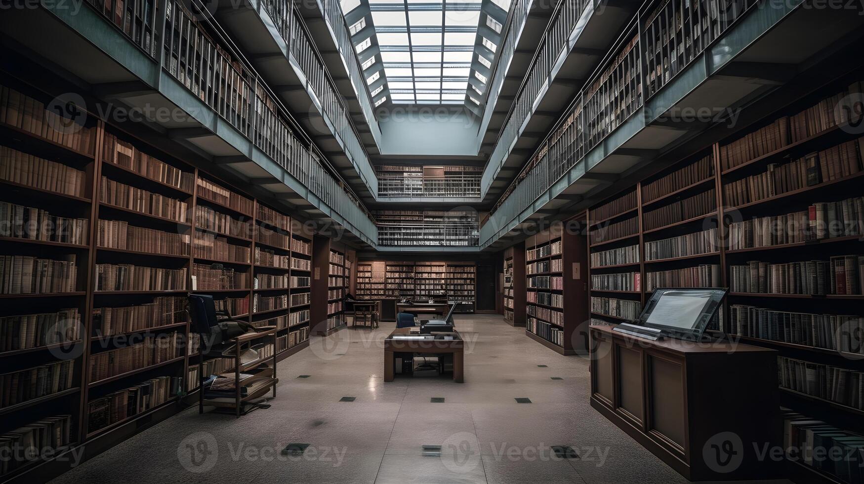 velho biblioteca interior com livros em prateleiras , generativo ai foto