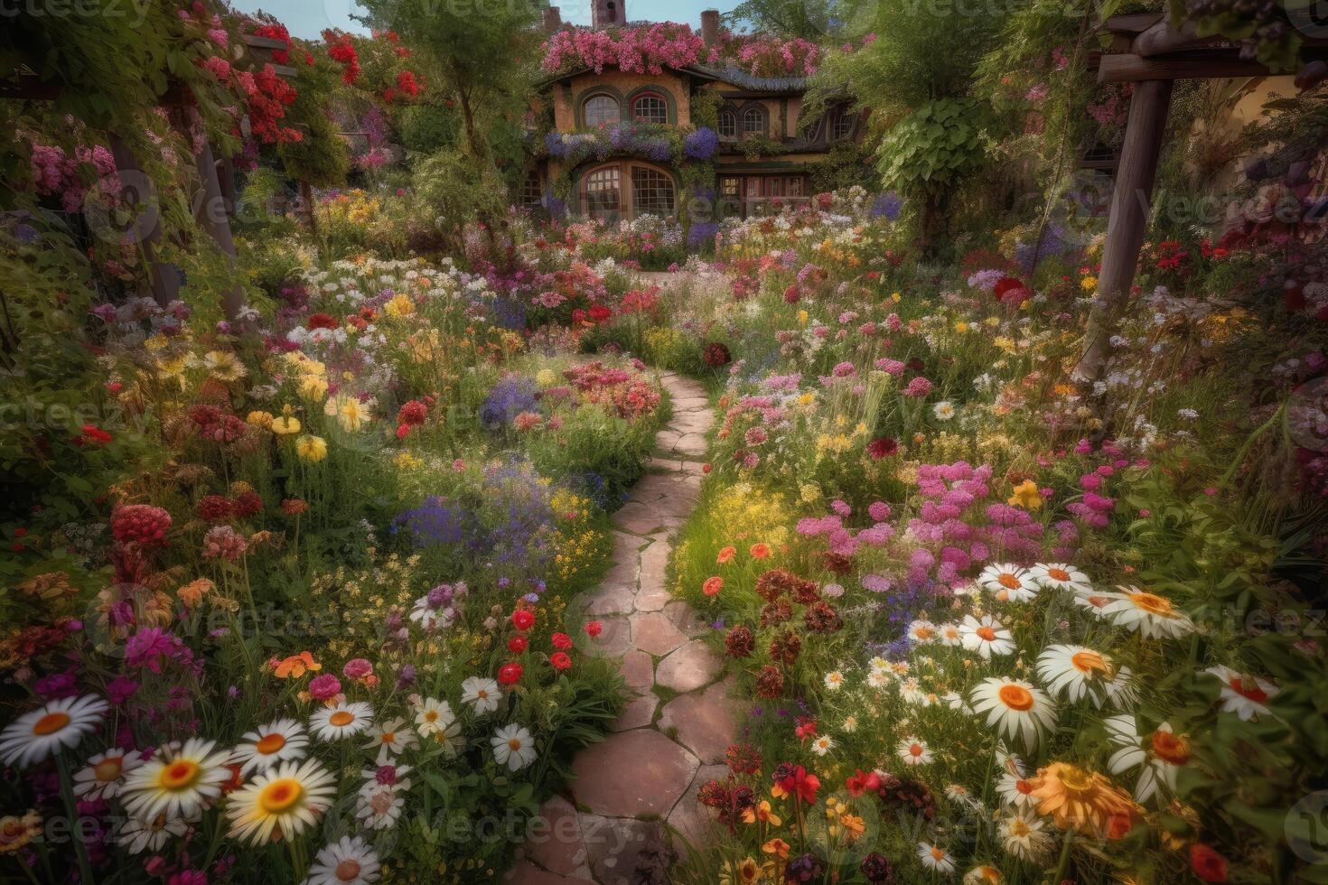 ai gerado mágico jardim dentro cheio florescer, com vibrante, fantástico flores e plantas crescendo dentro cada direção. foto